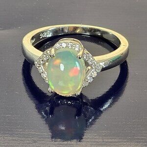 925 Sterling Silver Ring Sz 6.75 With Natural White Opal 6x9mm & Cz